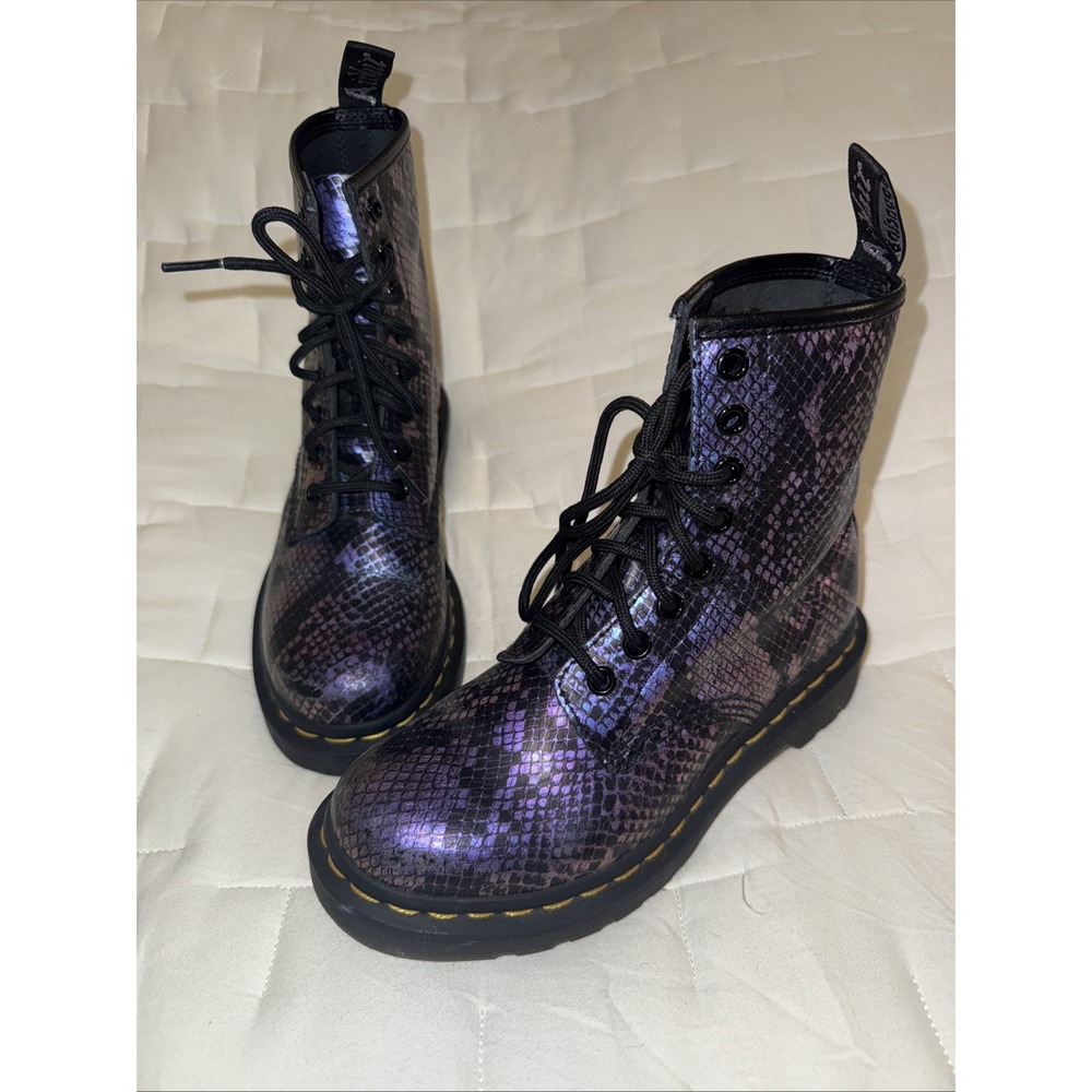 Dr. Martens 1460 Purple Black Snake Print Embossed Leather Boots Sz W 5, EU 36